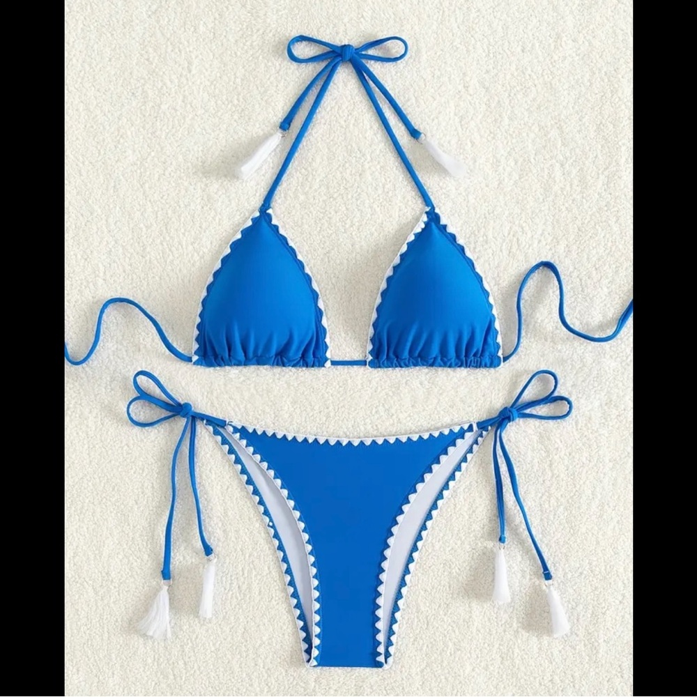 Blue & White, Boho, Tassel, Bikini Set - Picture 2 of 7